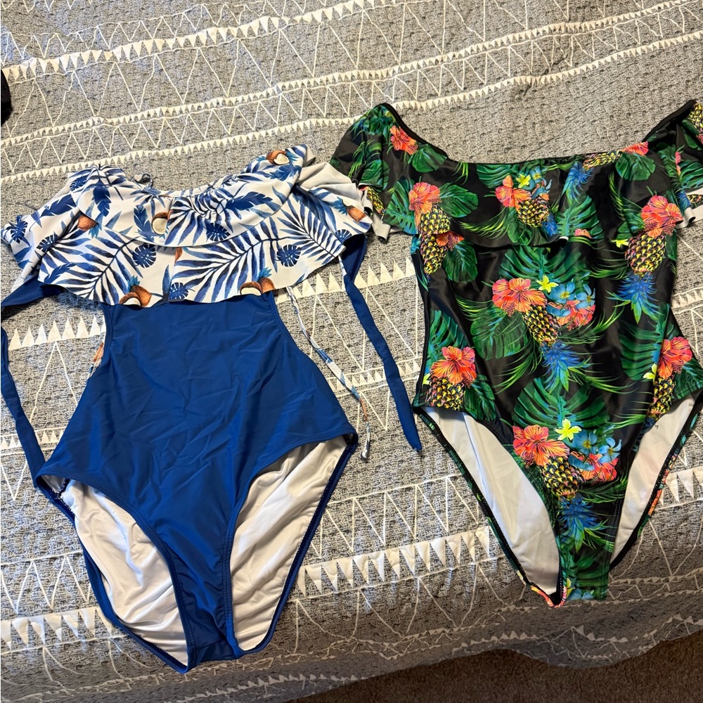 Tropical and Blue Off-Shoulder Swimsuits